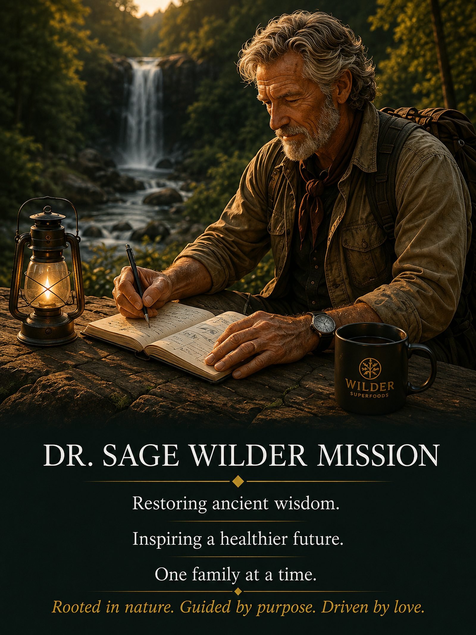 Dr. Sage Wilder writing in his field journal beside a waterfall, representing mission and wisdom