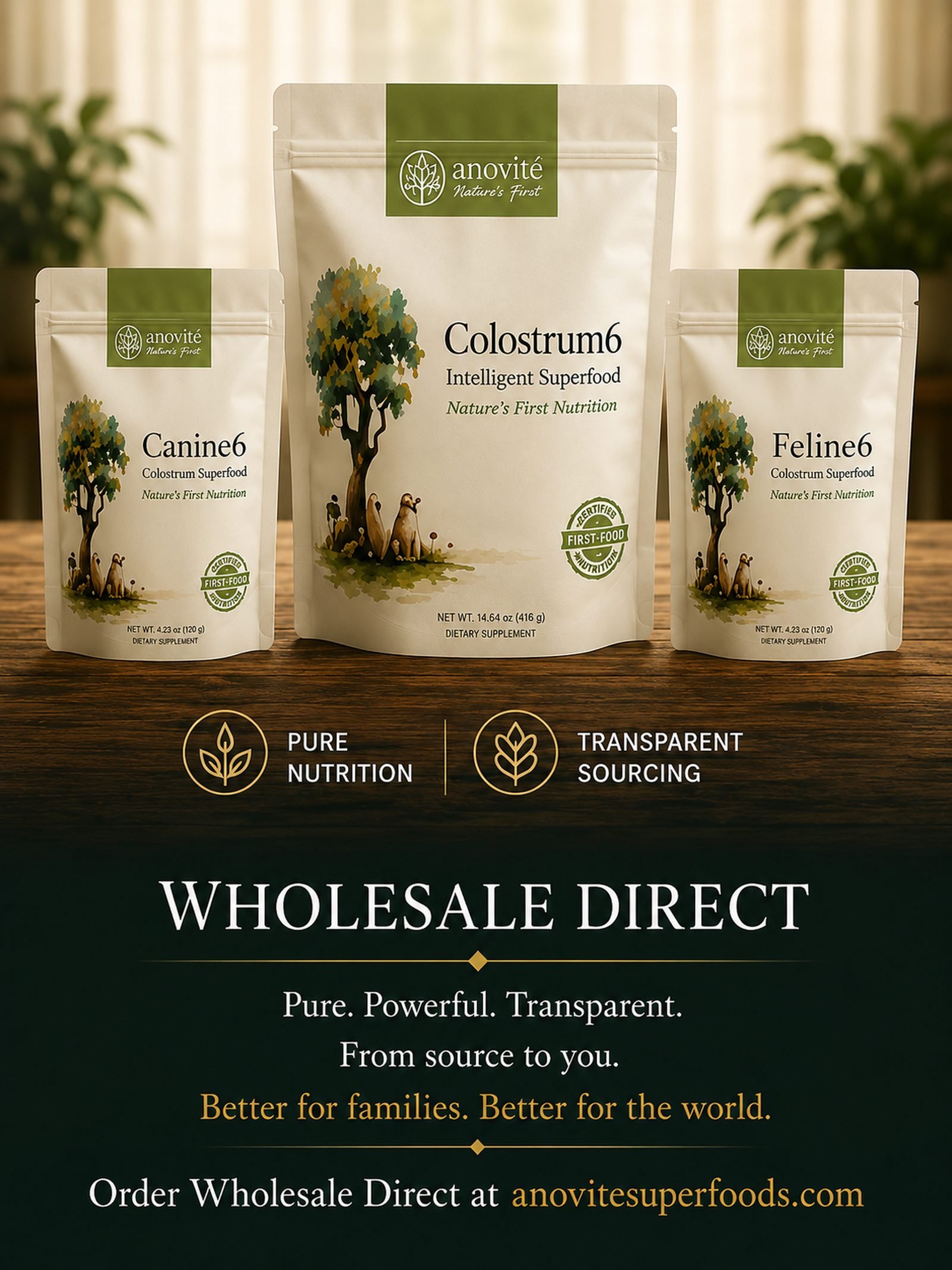 Official Colostrum6, Canine6, and Feline6 product presentation with pure nutrition and transparent sourcing